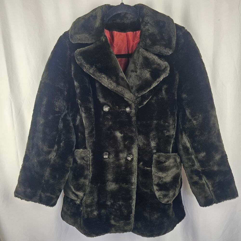 MAR-DEL Faux Fur Coat VTG 80s Womens M Black Plush Double Breasted Retro Luxe